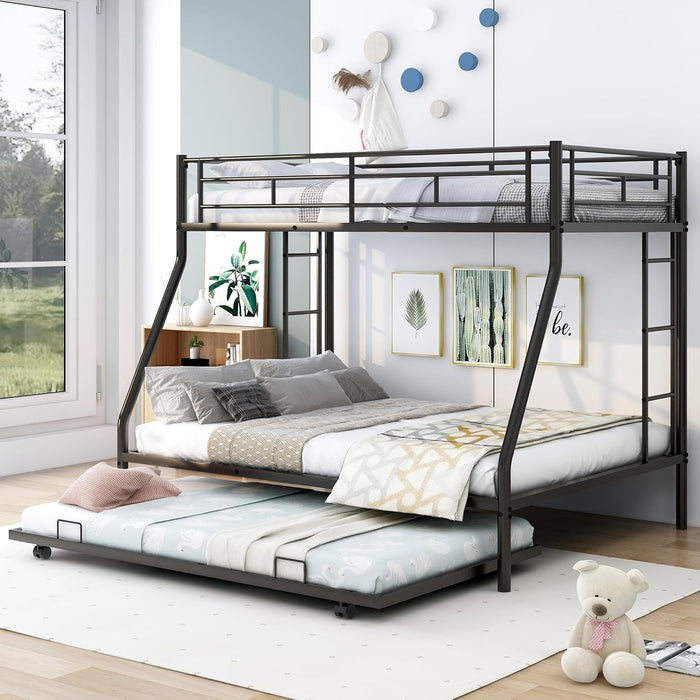 Triple Bunk Beds, Twin over Full Bunk Bed with Trundle,Sturdy Steel Bunk Beds Frame for 3 Kids/Teens with Two Side Ladders and Safety Guard Rail,Black Color