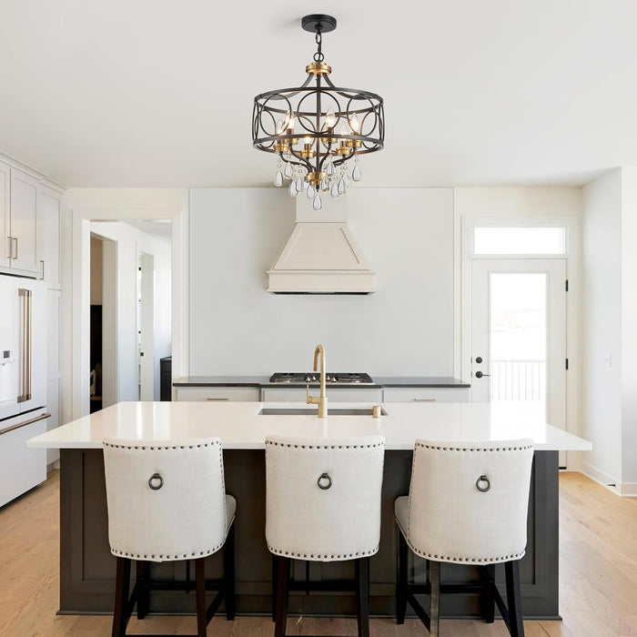 Crystal Chandeliers for Dining Room,17.7" Black and Gold 6 Lights Hanging Pendant Lighting Fixture Metal Farmhouse Chandelier for Kitchen Island Entryway Living Room