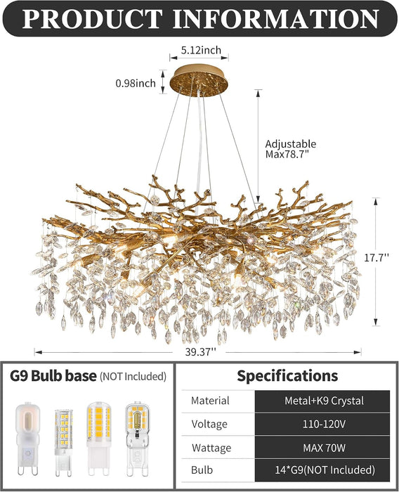 Modern Tree Branch Crystal Chandelier Luxury Gold Crystal Pendant Lighting 40" Contemporary 14-Light Chandeliers for Dining Room Kitchen Bedroom Living Room