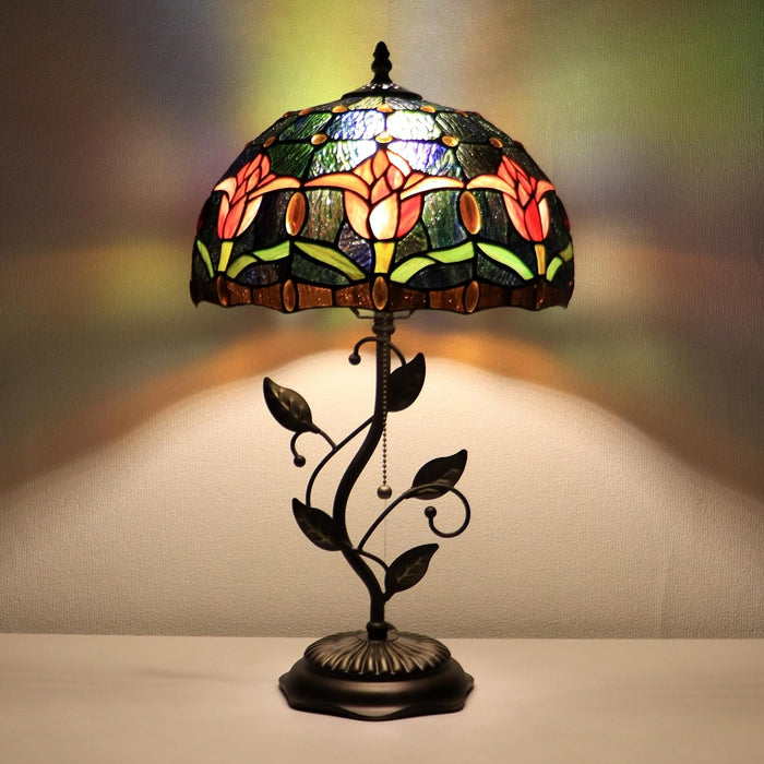 Tiffany Style Red Tulip Stained Glass Table Lamp 19 Inch