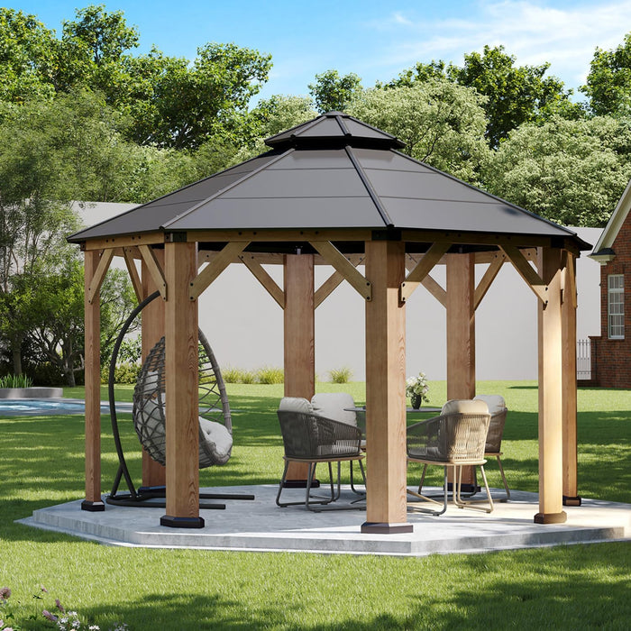 13' X 13' Outdoor Wood Gazebo, Hardtop Gazebo Permanent Wooden Pavilion with Galvanized Steel Double Roof, for Packyard, Garden, Deck, Cedar Wood
