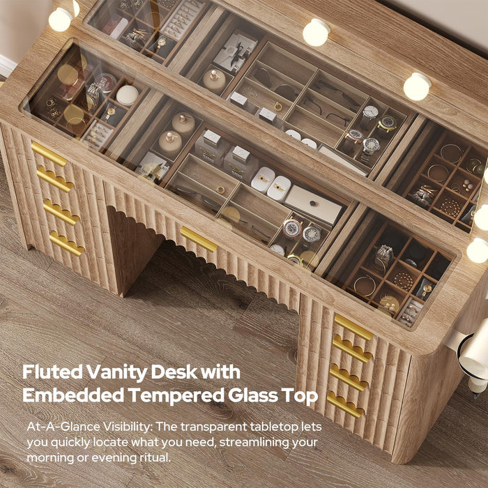 47" Fluted Vanity Desk with 42" Mirror & LED Lights, Large 9 Drawers Makeup Vanity Table with Tempered Glass Top & Charging Station, Waterfall Edge Design for Women&Girls, Bedroom or Dorm, Natural Oak