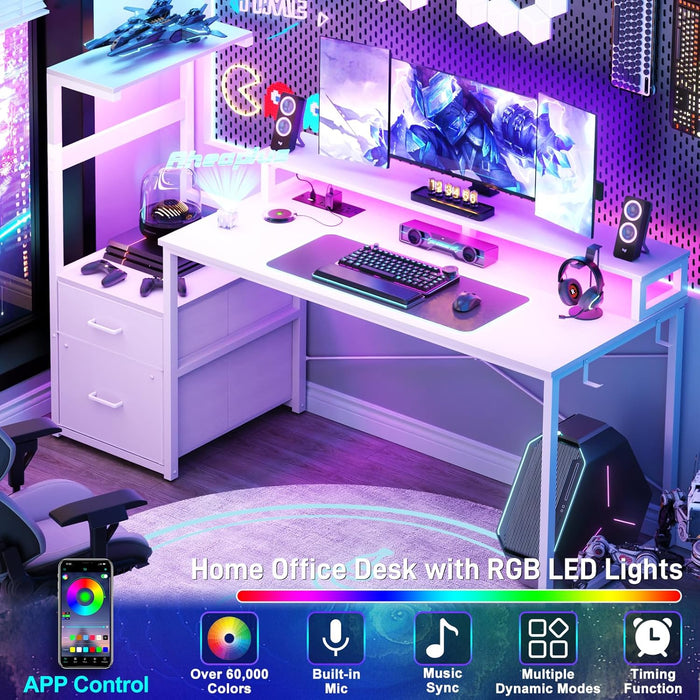 Gaming Desk with LED Strip & Power Outlet, 59Inch Reversible Computer Desk with Monitor Stand & Storage Shelves, Home Office Desks with Fabric File Drawer, Gamer Table PC Desk, White