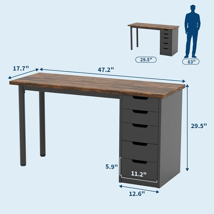 Computer Desk with 5 Drawers, 47 Inch Modern Simple Study Writing Desk with Storage, Rustic Home Office Desk, Reversible Computer Desk for Home Office, Brown+Black