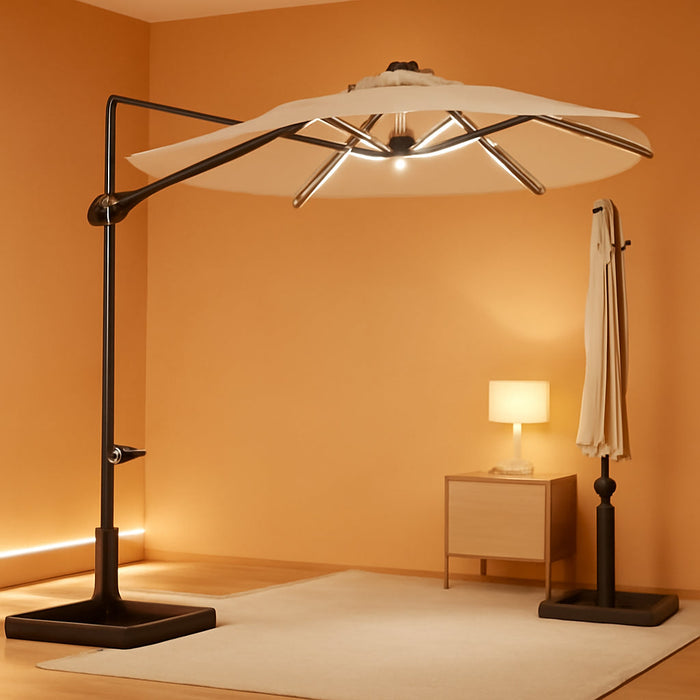 10 FT Solar Patio Umbrella with Base Included, Cantilever Offset Outdoor Umbrella with 35 LED Lights & Center Light, 360° Rotation, Aluminum Pole, 8 Heavy-Duty Ribs for Yard Pool Deck