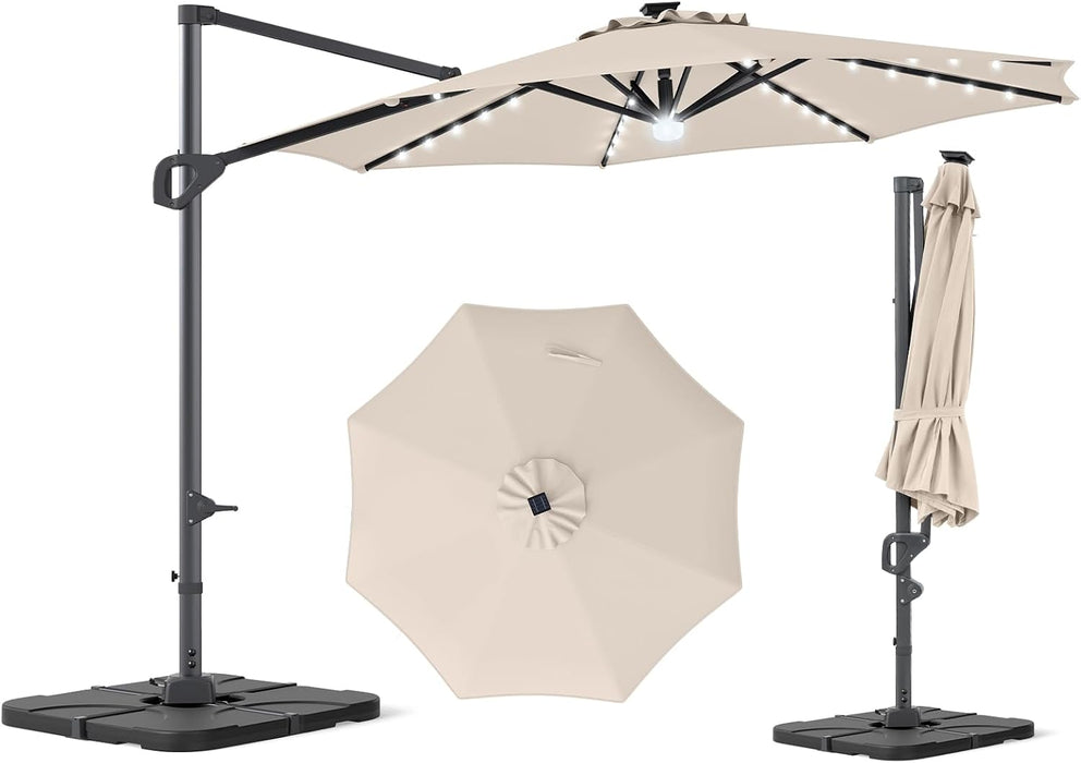 10 FT Solar Patio Umbrella with Base Included, Cantilever Offset Outdoor Umbrella with 35 LED Lights & Center Light, 360° Rotation, Aluminum Pole, 8 Heavy-Duty Ribs for Yard Pool Deck