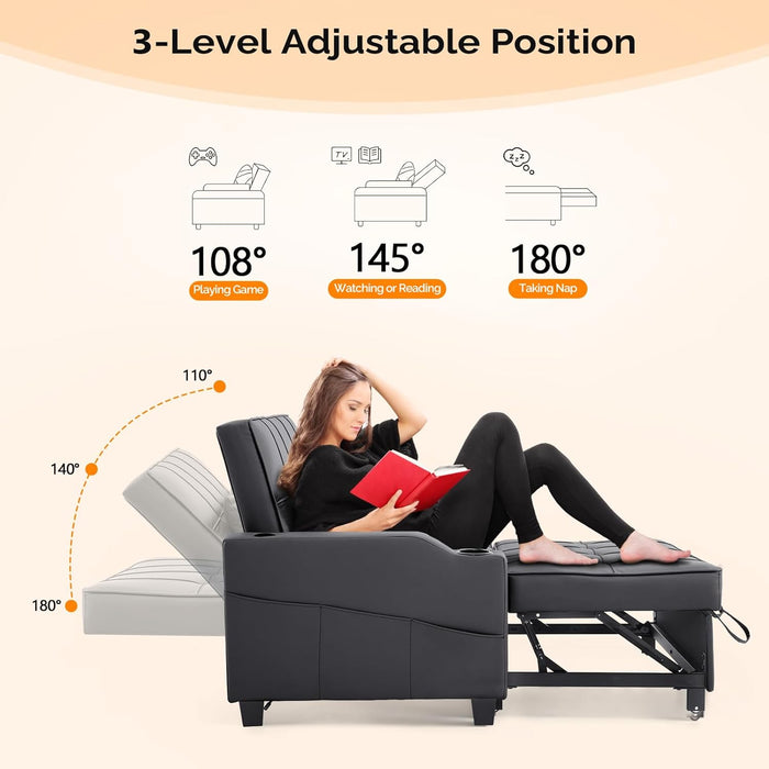 Black Leatherette Convertible Sleeper Sofa With USB