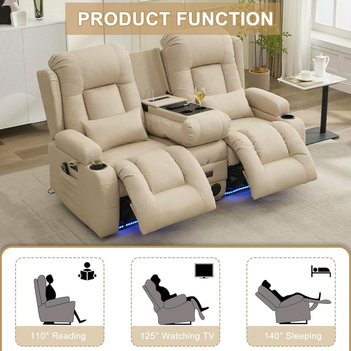 Loveseat Recliner Sofa with Massage and Heat, Power Reclining Loveseat Sofa RV Couch with Console, Home Theater Seating with LED Lights, Bluetooth Speakers, USB, Outlets, Leathaire, Beige