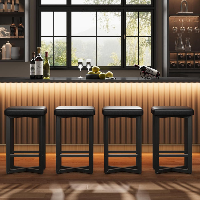 Bar Stools Set of 4, 24.6" Counter Height Backless Barstools | Black Upholstered PU Leather Seats, Metal X-Frame & Footrest, Modern Kitchen Stools for Home Bar, Dining Room