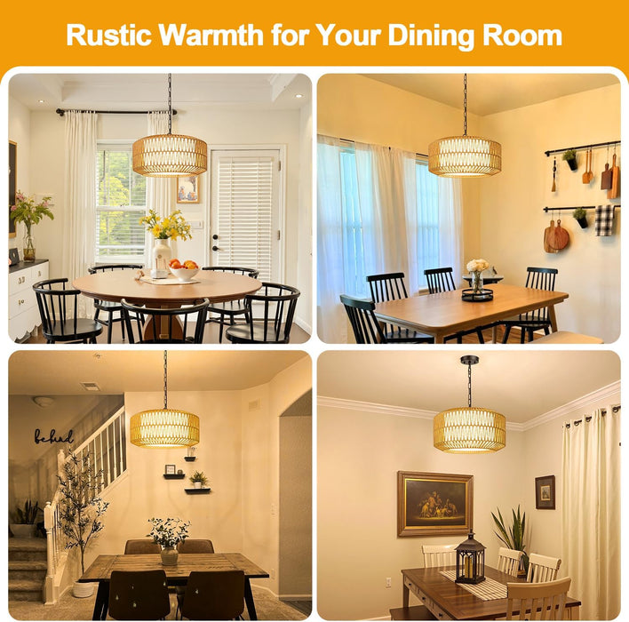 Five Light Rattan Farmhouse Chandelier Linen Shade