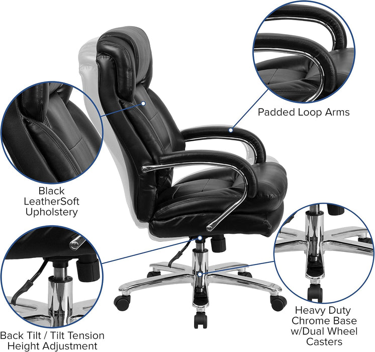 Hercules Series Leathersoft Swivel Office Chair with Loop Arms, Ergonomic High-Back Executive Chair with Padded Seat and Arms, Black