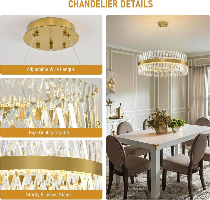 Modern Crystal Chandelier, 32 Inch Gold Crystal Chandeliers for Dining Room over Table, Luxury round Chandeliers for Living Room Dining Room Light Fixture Chandelier for Entryway Bedroom, Kitchen