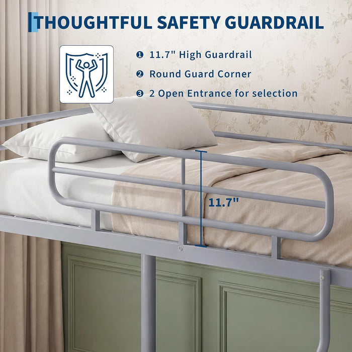 Twin over Full Bunk Bed Frame, Heavy Duty Metal Bunk Beds for Kids/Teens/Adults, 450 Lbs Upper & 500 Lbs Lower Capacity, Slot-Type Assembly, Reversible Ladder, 11.7" Safety Guardrails，Grey