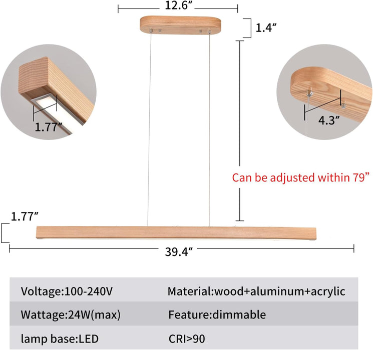 39 Inches Natural Wood Dimmable PendantLight Fixture