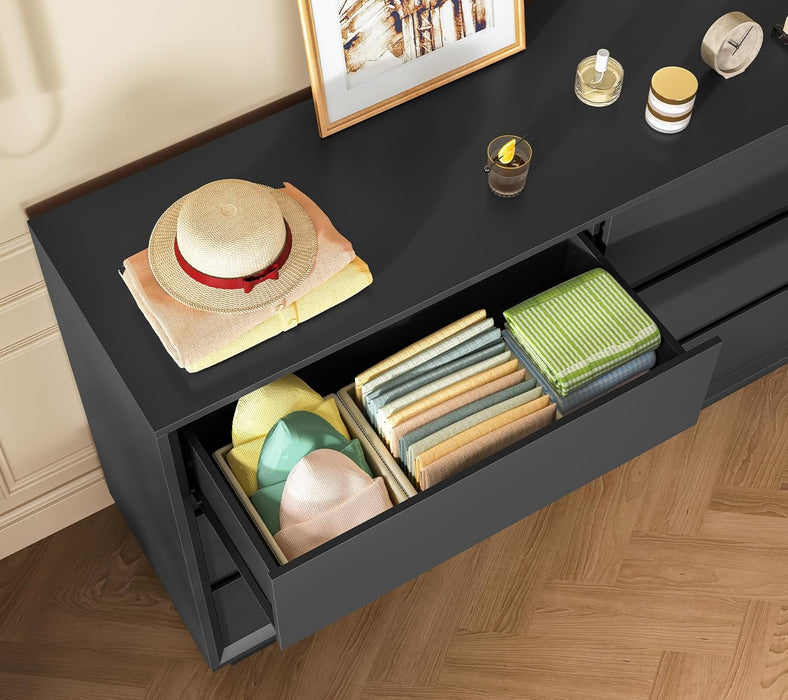 55" Dresser for Bedroom with 6 Drawers, Black Dresser with Metal Slide, Bedroom Dressers, Wood Dressers & Chests of Drawers for Bedroom, Hallway, Black
