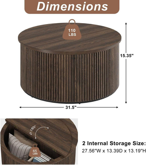round Coffee Table, Fluted Woodern Center Table with Storage, Mid-Century Modern Cocktail Tables for Small Space, Living Room, Bedroom (31.5 Inch, Dark Walnut)