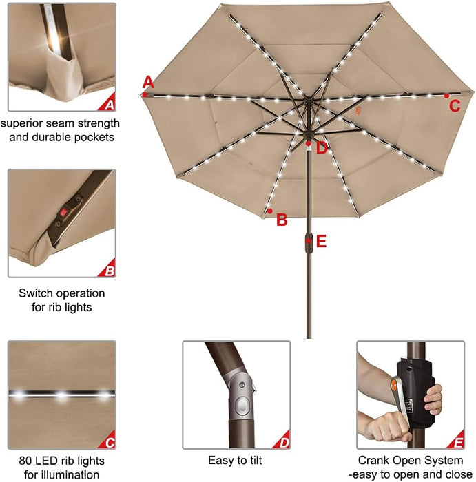 USA 10-Year-Non-Fading 9Ft 3-Tier Market Patio Umbrella, Commercial Table Umbrella with 80 Solar LED Lights, Crank Open, Windproof & UPF 50+ UV Protection for Garden, Deck, Pool, Backyard, Heather Beige