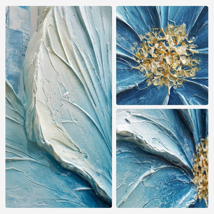 Hand-Painted Blue Floral Canvas Wall Art, 24X36 in Thick Textured Abstract Oil Painting, Vertical Modern Artwork for Living Room, Bedroom, Office, Large Original Wall Decor
