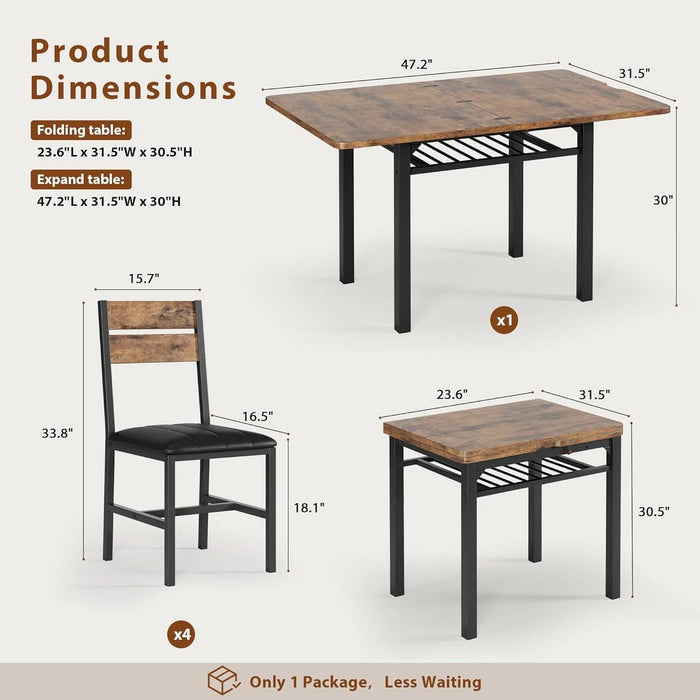 Extendable Dining Table Set for 4 with Built-In Shelf Rack Brown