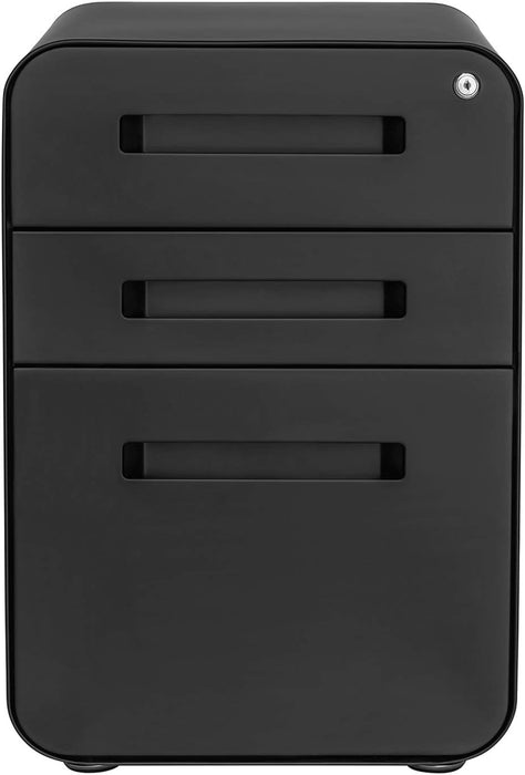 Stockpile 3 Drawer File Cabinet with Lock - under Office Desk Metal Filing Cabinet, Legal/Letter File Folders, Wheels and Stationary Feet, Pre-Assembled, Black