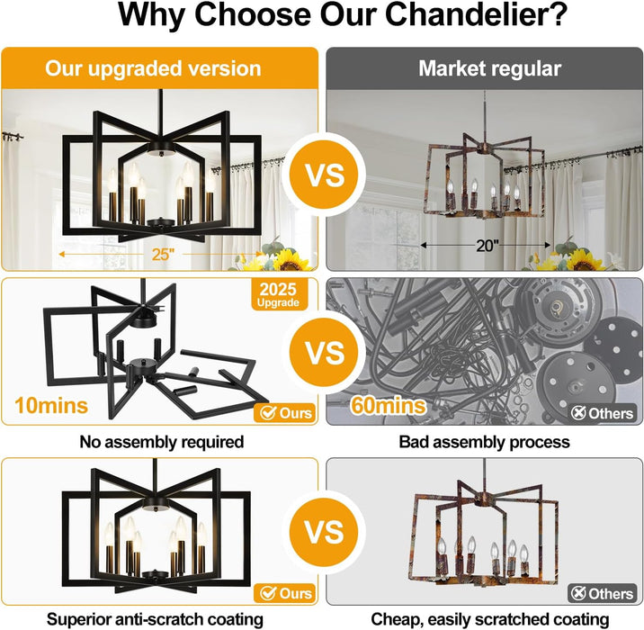 25" Modern Black Chandelier for Dining Room (6-Light, 25-Inch), Geometric Black Dining Room Light Fixture over Table, Industrial Metal Hanging Pendant Lights for Kitchen Island, Entryway, Foyer