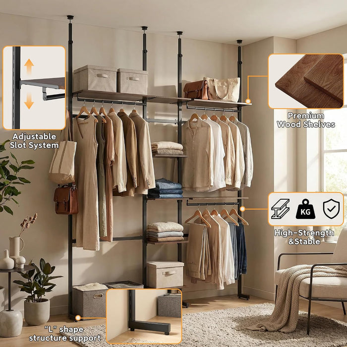 MZG Closet Organizer System, Freestanding Closet System with Wood Shelves & Hanging Rod, Adjustable Floor-To-Ceiling Open Wardrobe for Bedroom, Apartment & Small Closet (16.8"D X 48.4"W X 137.7"H)