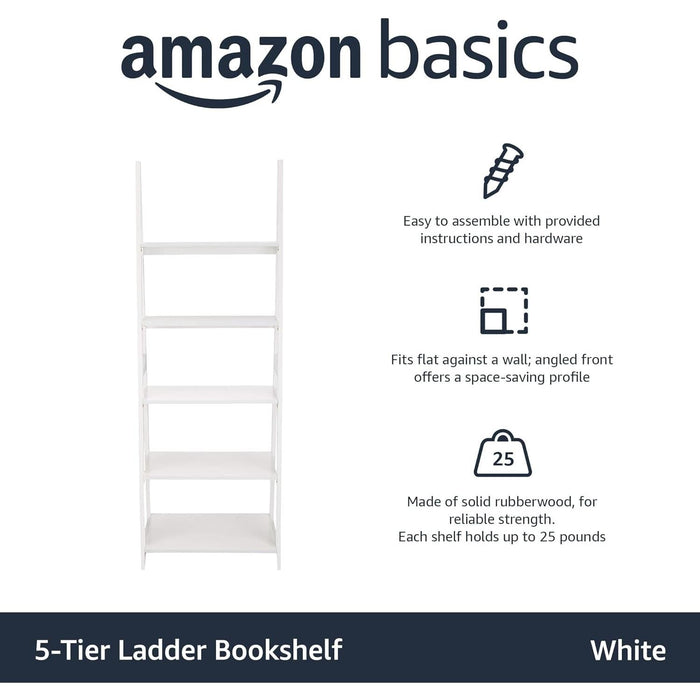 Ladder Bookshelf Organizer, 5-Tier, Solid Rubberwood Frame, White Finish, 14 D X 24.8 W X 70.1 H In