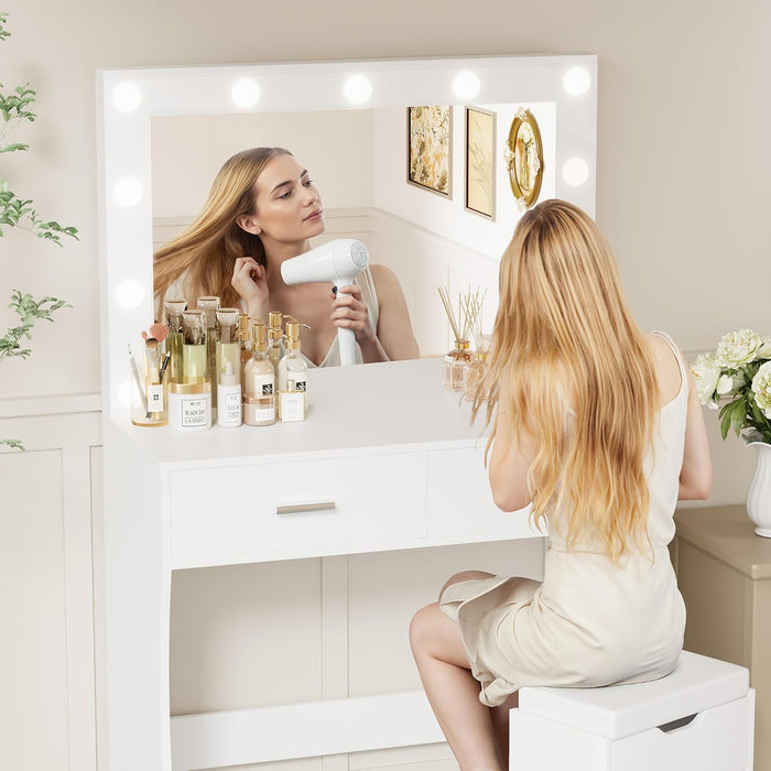 Makeup Vanity Desk with Large Lighted Mirror，35.4 Inch Makeup Vanity Table with 2 Drawers，Soft-Padded Storage Stool，3 Lighting Modes Available, Suitable for Bedrooms（White）