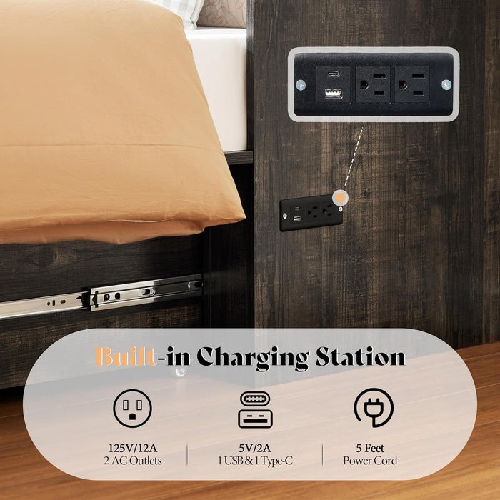 Full Murphy Bed Cabinet with Charging Station and Storage, Farmhouse Foldable Platform Bed for Guest Room, Office, Small Spaces, Black Oak