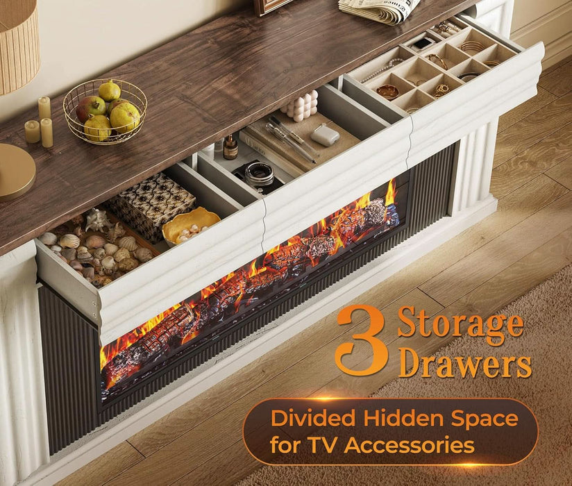 70'' Fireplace TV Stand with 42'' Electric Fireplace, Farmhouse TV Stand for 65 75 Inch TV, Entertainment Center TV Console with 3 Drawers, Fluted Design, for Living Room, Distressed White