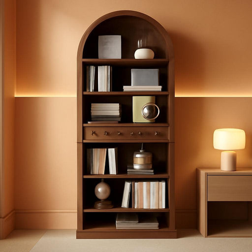 Arched Bookshelf, 73" Tall Arch Bookcase with Drawers, 6-Tier Farmhouse Book Shelf, Wooden Bookshelf with Open Display Shelves for Living Room, Office, Adjustable Shelf, Walnut