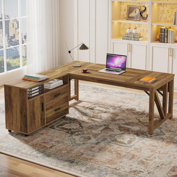 63" L Shaped Executive Desk & 39" File Cabinet Set, Corner Computer Desk with Ample Storage, Large Industrial Retro Office Desk with Drawers & Shelves, for Home & Business, Rustic Brown