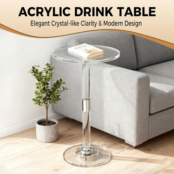 Acrylic Drink Table, Clear Modern round End Table for Small Spaces, 11.8" L X 11.8" W X 21.2" H, Sturdy Acrylic Coffee Table for Living Room & Bedroom, Small Cocktail Table for Next to Sofa & Corner