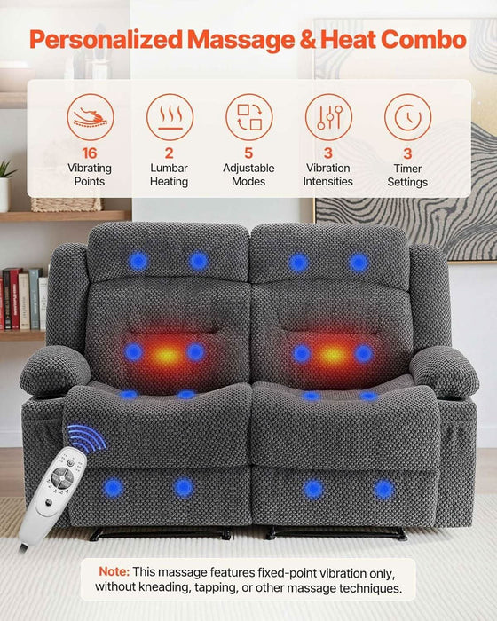 Loveseat Recliner Sofa, Manual Reclining Couch with Heating and Massage, Soft Corduroy Recliner Sofa with USB Ports, Cup Holders and Side Storage Bags, Dual Loveseat Chair for Living Room, Grey