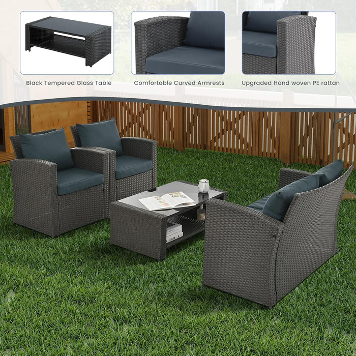 4 Pieces Patio Furniture Set, Outdoor Wicker Conversation Furniture Sets with Sofa, 2 Chairs and Coffee Table, Outdoor Loveseat with Soft Cushion for Garden, Balcony, Pool, Backyard, Grey