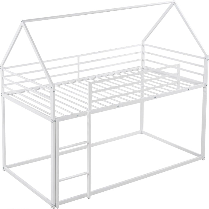 Bunk Bed Twin over Twin Metal Floor Bunk Bed with Ladder, House Shaped Bunk Bed Frame with Metal Slats for Dormitory and Bedroom, Space Saving, No Box Spring Needed
