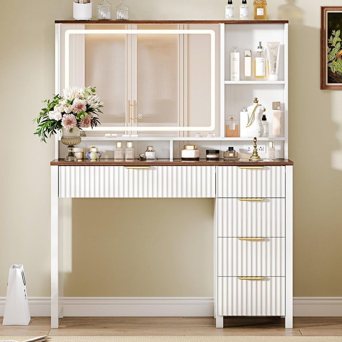 43" Large Vanity Desk with 30" HD Lighted Mirror,Modern Vanity Desk with Mirror and Lights, Makeup Vanity with 5 Drawers and Storage Shelves and Charging Station, White2300