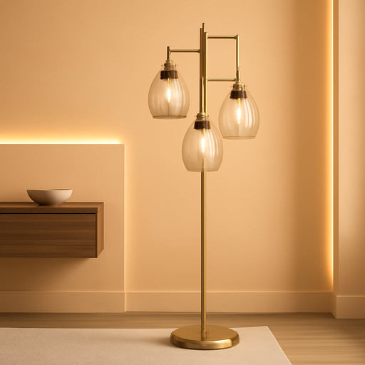Dimmable Floor Lamp, Industrial Floor Lamps for Living Room, Gold Tree Lamp Standing Lamp Tall Lamps with 3 Elegant Teardrop Cage Head & 800 Lumens LED Bulbs for Living Room Bedroom Office Dining Room