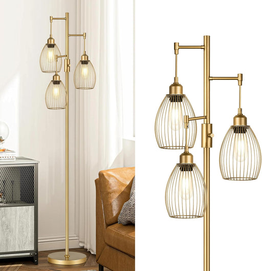 Dimmable Floor Lamp, Industrial Floor Lamps for Living Room, Gold Tree Lamp Standing Lamp Tall Lamps with 3 Elegant Teardrop Cage Head & 800 Lumens LED Bulbs for Living Room Bedroom Office Dining Room