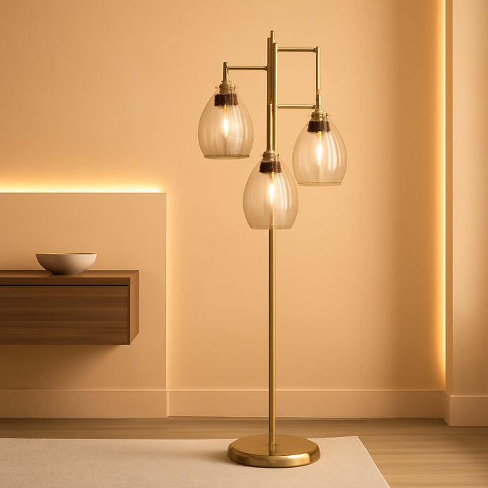 Dimmable Floor Lamp, Industrial Floor Lamps for Living Room, Gold Tree Lamp Standing Lamp Tall Lamps with 3 Elegant Teardrop Cage Head & 800 Lumens LED Bulbs for Living Room Bedroom Office Dining Room