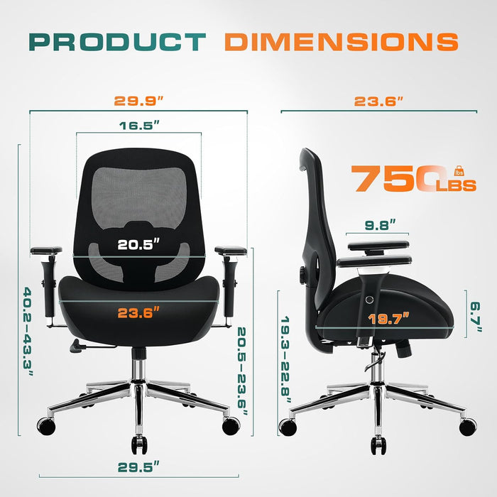 750Lbs Big and Tall Office Chair with Wide Thick Seat Cushion for Heavy People Ergonomic Computer Mesh Desk Chairs with 4D Armrests, Adjustable Lumbar Support for Adults 8 Hours Daliy Work