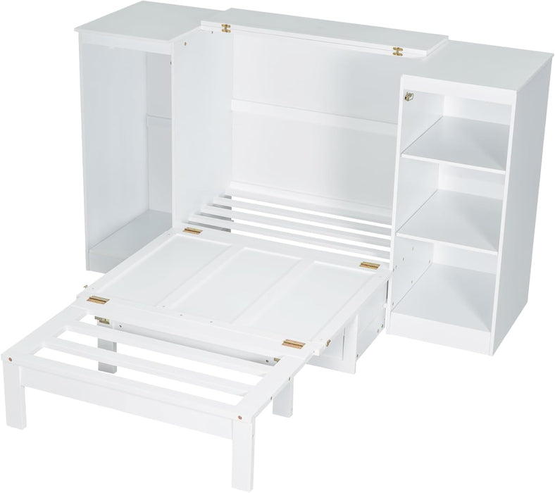 Twin Size Murphy Bed with Bedside Shelves and Wardrobe, White Wooden Bed Frame with Large Drawer