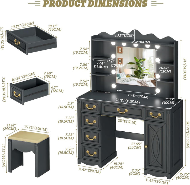 Vanity Desk with Large Mirror and Lights, 43.3" Makeup Vanity Desk with Charging Station and 6 Drawers, Makeup Dressing Table with Storage Stool for Bedroom (Grey)