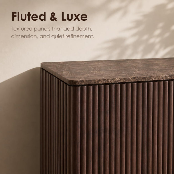 64" Fluted Sideboard Buffet Cabinet with Faux Marble Top, Dark Walnut | Wood Credenza with Storage Shelves, Modern Console Table for Coffee Bar, Dining Room, Kitchen, Living Room & Entryway