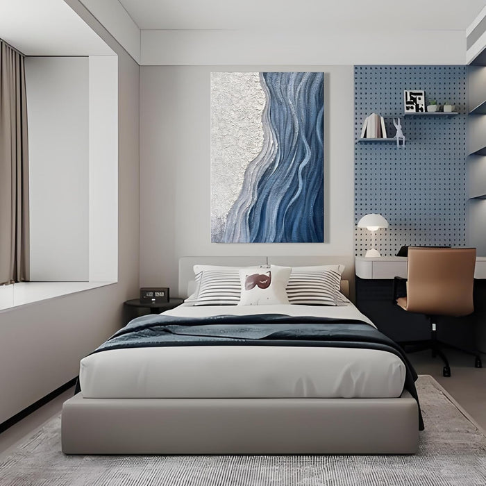 Art 60X40 Inches Hand-Painted Blue and White Textured Art Oil Painting - Modern Abstract Sea Wave Landscape Art - Large Wall Decoration Suitable for Home Office Decoration