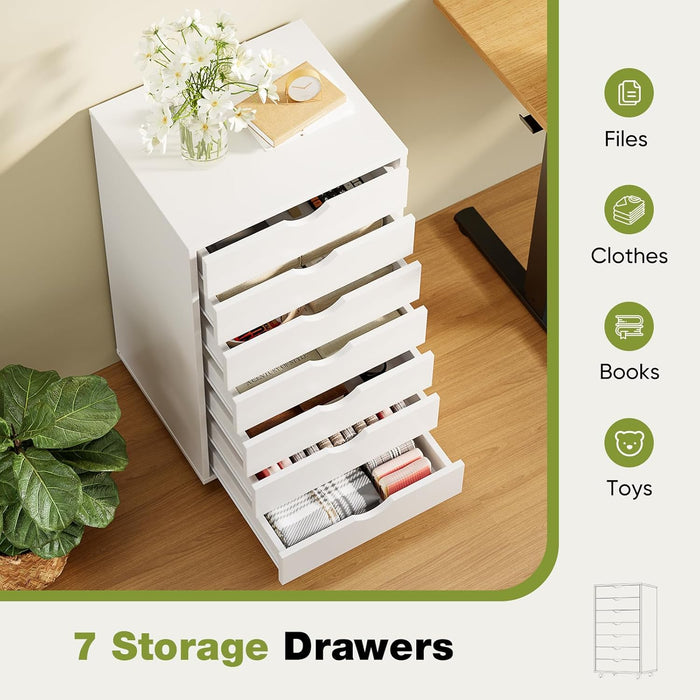 7 Drawer Rolling Storage Cabinet, Wood under Desk Mobile Dresser with Wheels, Small Organizer Chest for Home Office, Bedroom, Rolling Vertical Organizer for Home Office, White