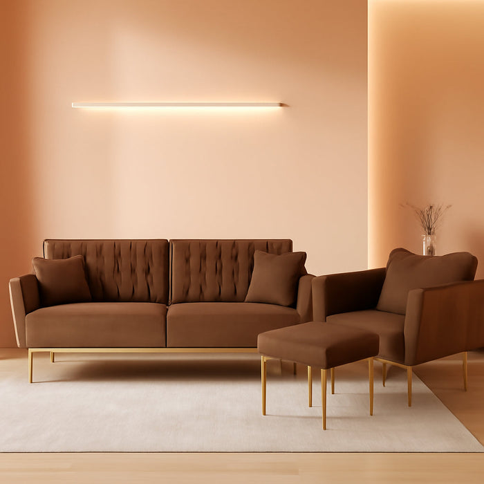 2 Pieces Velvet Sofa Set with Adjustable Armrest and Backrest, 70” Convertible Futon Sofa Bed & Mordern Accent Chair with Ottoman for Living Room, Bedroom, Brown