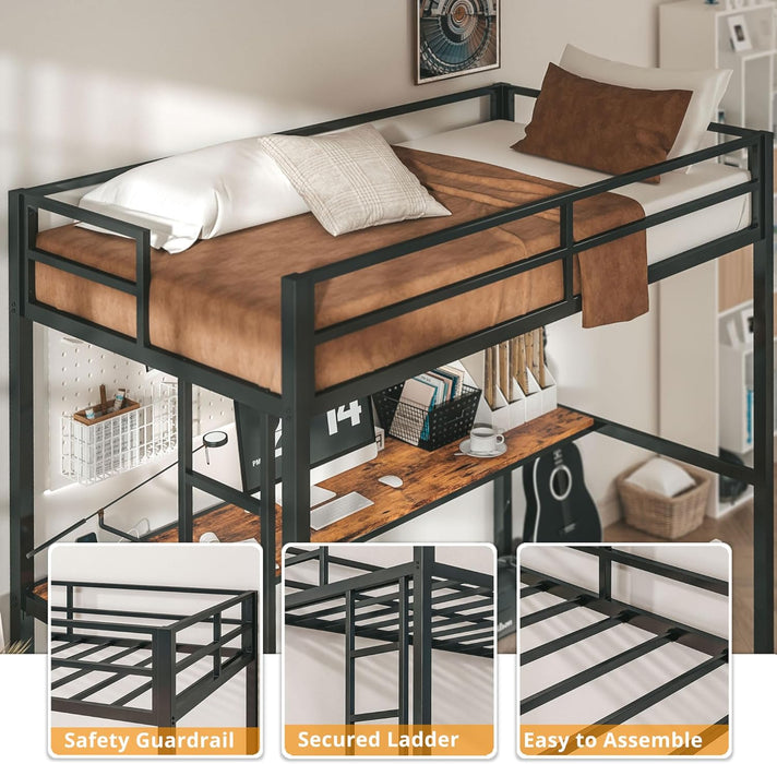 Loft Bed Twin Size with Desk, Metal Loft Bed Frame with Power Outlet and LED Lighted, Space-Saving, Noise Free, Black