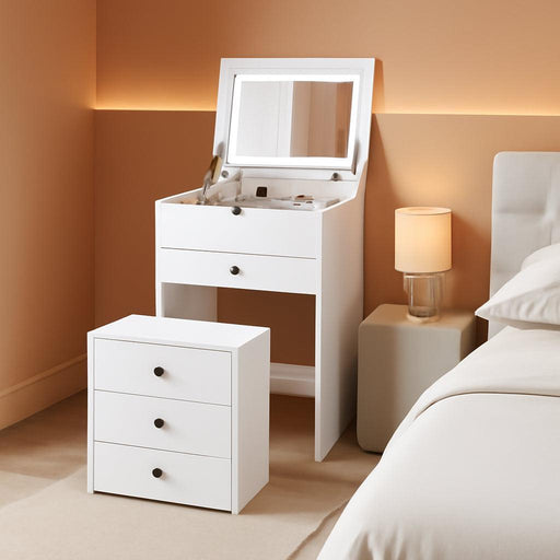 Small Vanity Desk Set, Makeup Vanity Table with Flip-Up Lighted Mirror, Storage Bench, 2 Drawers, 8 Wheels, White Girls Dressing Table Nightstand for Small Space Bedroom