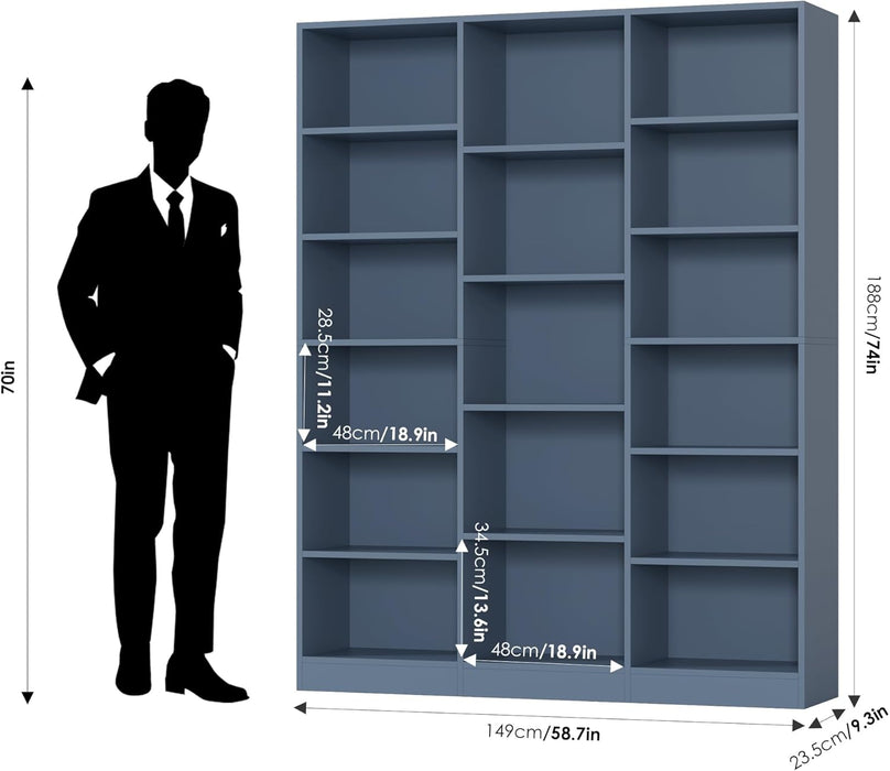 Blue Triple Wide Freestanding Bookshelf 74Inch Tall